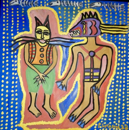 Cat Man Dreams of Fish God von Peter Locascio, Malerei kaufen auf Singulart
