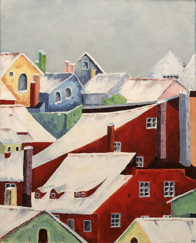 Zürich : les maisons rouges van Odile Pinto-Corbin, Schilderij te koop op Singulart