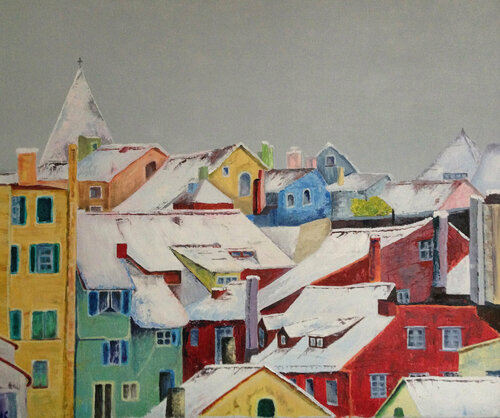 Les toits de Zürich par Odile Pinto-Corbin, Peinture en vente sur Singulart