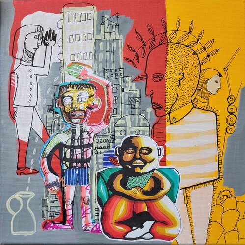 A politicians, a protester, a poet and a monk van Marc Rayner, Schilderij te koop op Singulart