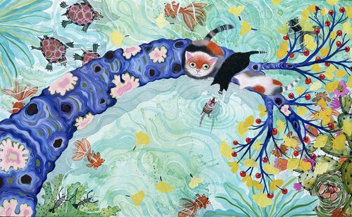 Play between cat and mouse on the ginkgo biloba van Sofia Battisti, Schilderij te koop op Singulart