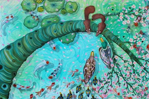 Cherry tree snowing on top of mummy duck van Sofia Battisti, Schilderij te koop op Singulart