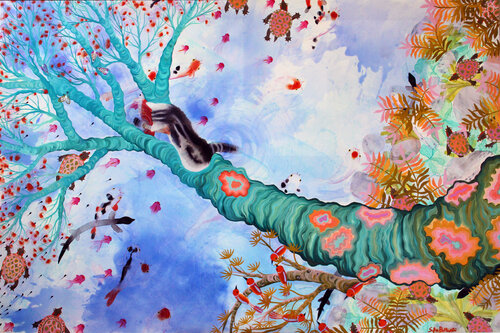 Caccia al serpente alato del fiume oltremare van Sofia Battisti, Schilderij te koop op Singulart