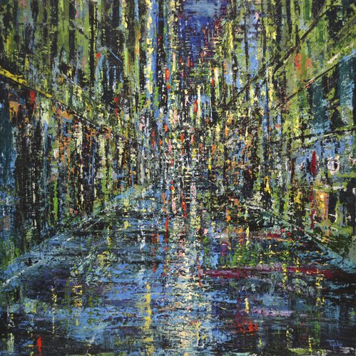 City in Green and Blue par David Tycho, Peinture en vente sur Singulart