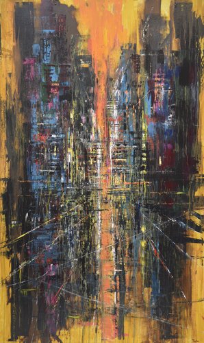 Urban Composition in Orange and Black par David Tycho, Peinture en vente sur Singulart