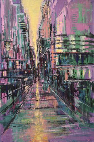 City in Pink and Green by David Tycho, Painting for Sale on Singulart