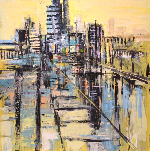 City in Black, Blue and Yellow par David Tycho, Peinture en vente sur Singulart