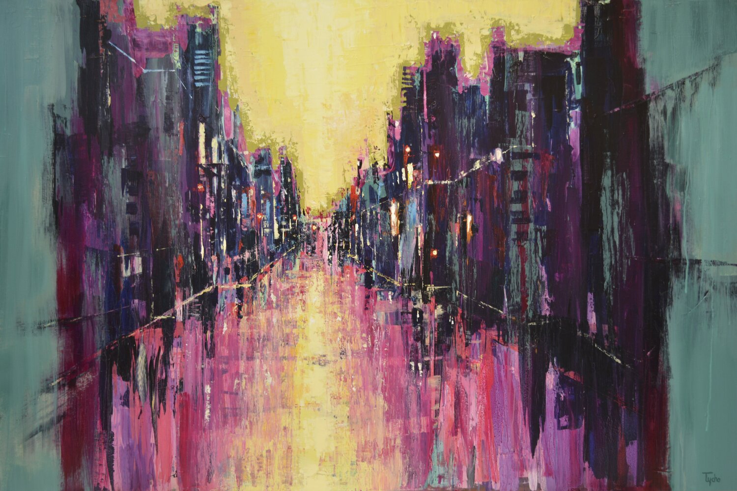City in Magenta, Green and Yellow David Tycho Originalgemälde zu verkaufen