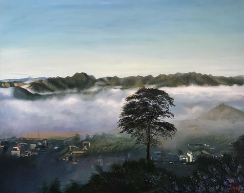 Mountain town of love di Quan Le, Pittura in vendita su Singulart
