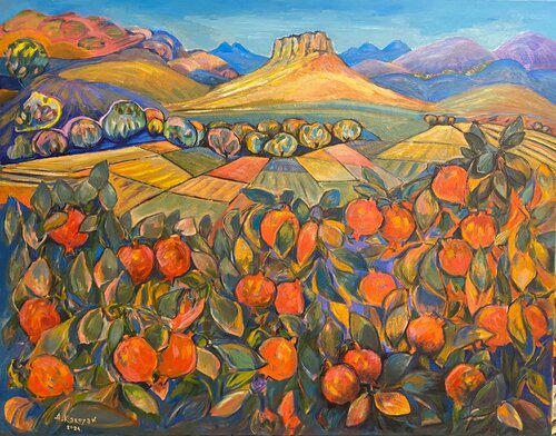 Pomegranate gardens in the mountains de Albert Karoyan, Pintura a la venta en Singulart