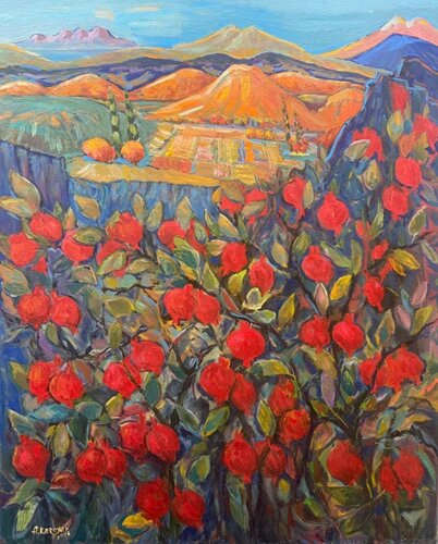 Pomegranate orchards in the mountains by Albert Karoyan, Painting for Sale on Singulart