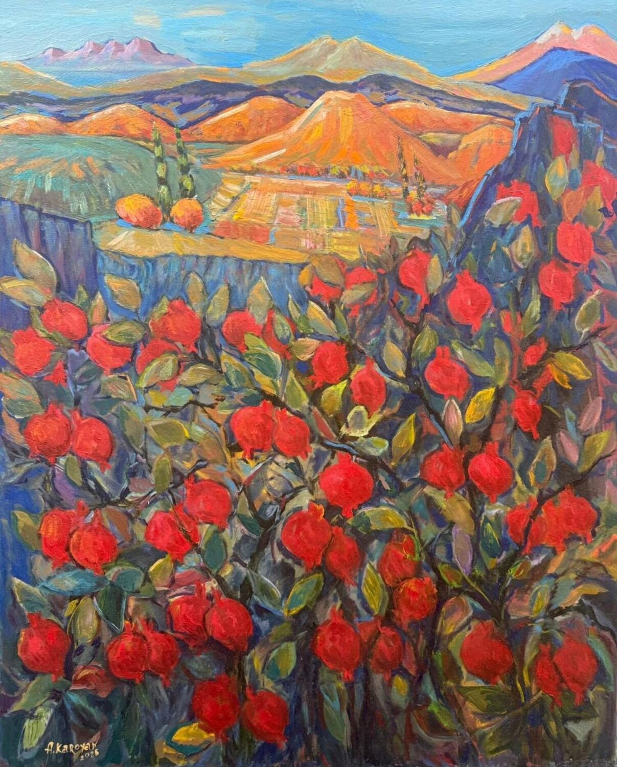 Pomegranate orchards in the mountains Albert Karoyan Original painting for sale