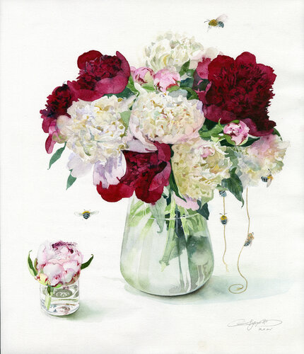 Peony and Blue Bee di Ayako Tsuge, Opera su carta in vendita su Singulart