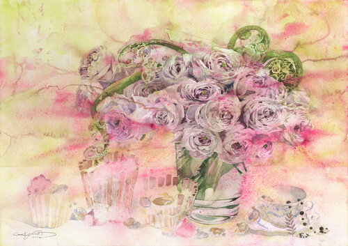 Awakening white seashell-colored roses von Ayako Tsuge, Malerei kaufen auf Singulart