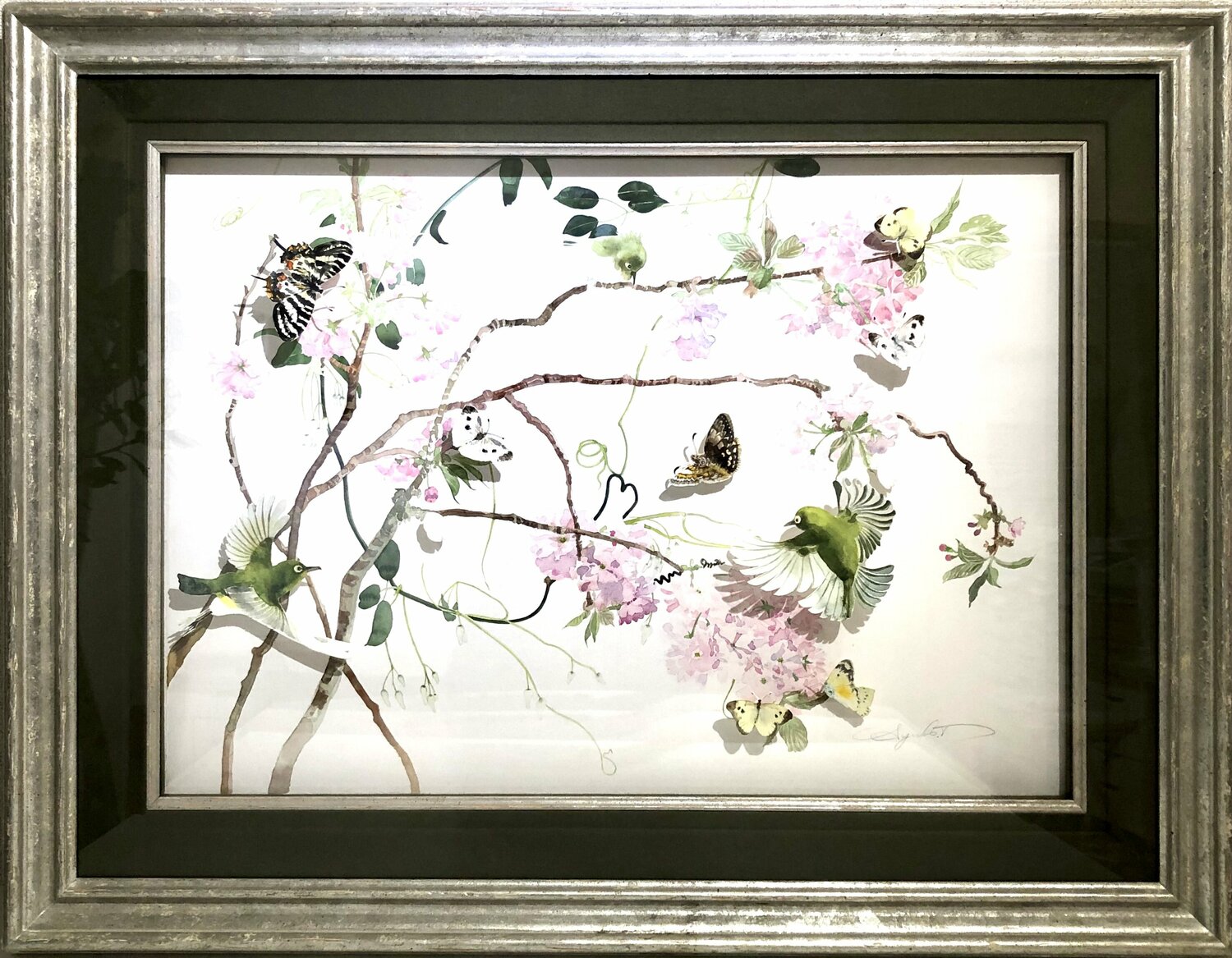 Double Cherry blossoms and Japanese White-eyeⅠ Ayako Tsuge Werk auf Papier zu verkaufen