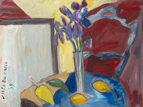 Large red still life with lemons and irises in a blue vase von Katia Demyanova, Malerei kaufen auf Singulart
