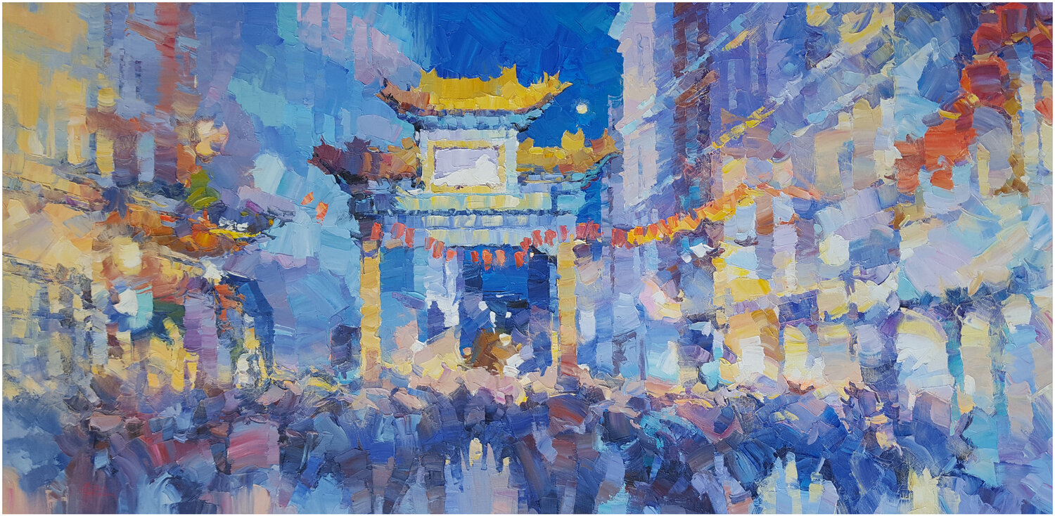 London's CHINATOWN at night II Alex Hook Krioutchkov Originalgemälde zu verkaufen