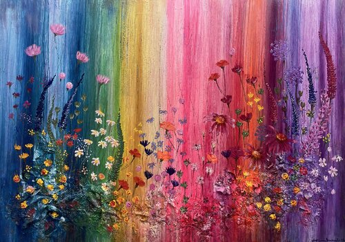 LIFELINES II- rainbow flowers van Ilona Hendriks, Schilderij te koop op Singulart