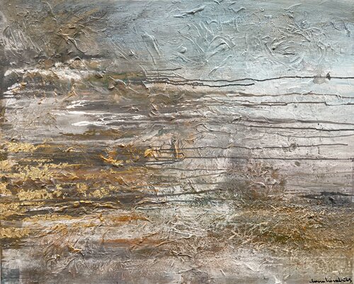 LIKE THE SHORELIGHTS OF HE SEA ( horizon) with gold flakes di Ilona Hendriks, Pittura in vendita su Singulart