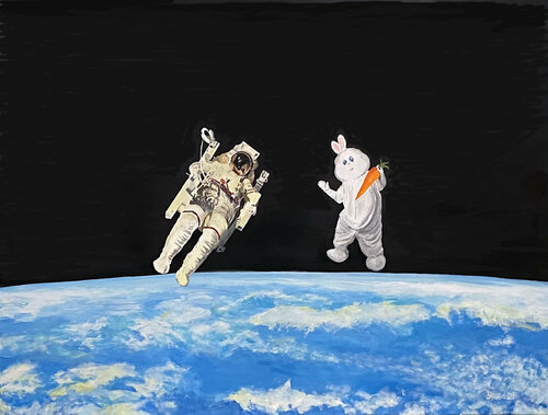 The Astronaut and the Easter Bunny: A Space Odyssey von Tom Blood, Malerei kaufen auf Singulart