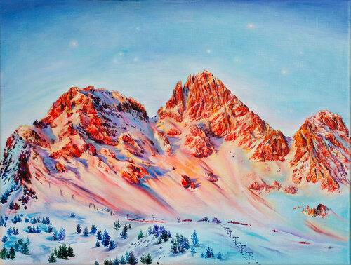 Twilight Peak (Alpenglow in the Dolomites) par Anne Wölk, Peinture en vente sur Singulart
