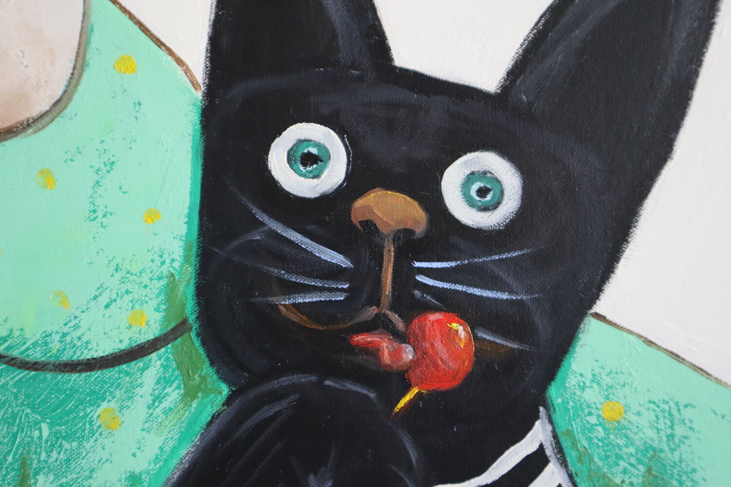 Egg Girl with her black Cat door Ta Byrne (2024) : Schilderij Olie op  Canvas - Singulart, image size:1500x1000