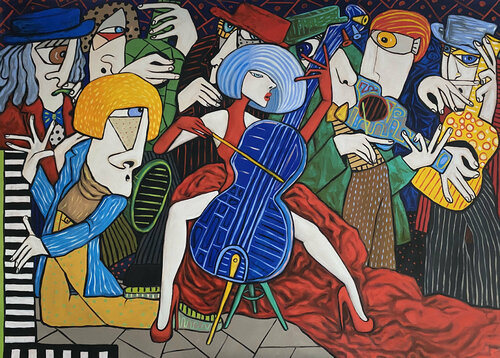 Lady in red playing the cello van Ta Byrne, Schilderij te koop op Singulart