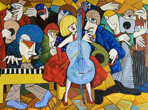 Lady in red playing the cello van Ta Byrne, Schilderij te koop op Singulart