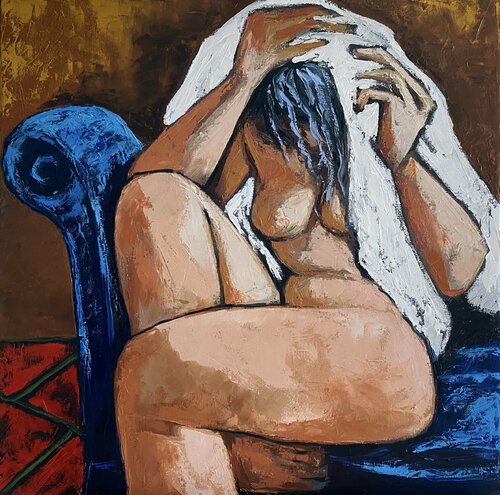 Lady drying her hair di Ta Byrne, Pittura in vendita su Singulart