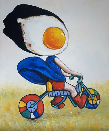 Egg girl riding her bike di Ta Byrne, Pittura in vendita su Singulart