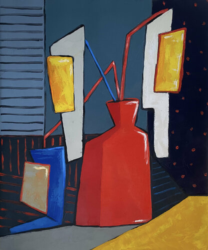 Egg flowers in red vase di Ta Byrne, Pittura in vendita su Singulart
