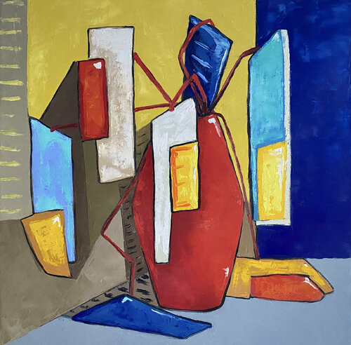 Egg flowers in large red vase di Ta Byrne, Pittura in vendita su Singulart