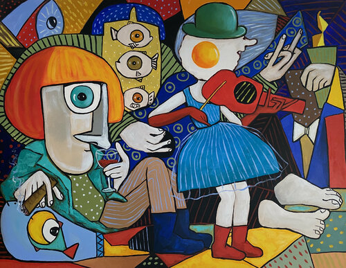 Egg girl playing the violin di Ta Byrne, Pittura in vendita su Singulart