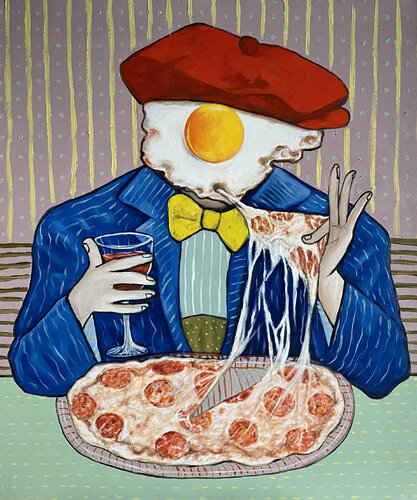 Mr Egg enjoying a pizza di Ta Byrne, Pittura in vendita su Singulart