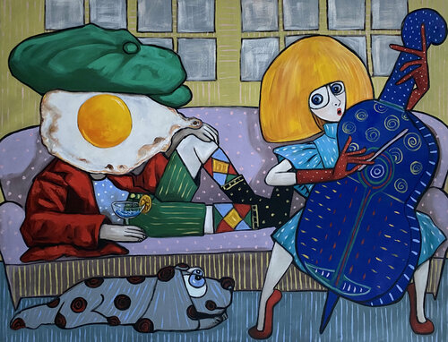 Princess playing double bass di Ta Byrne, Pittura in vendita su Singulart