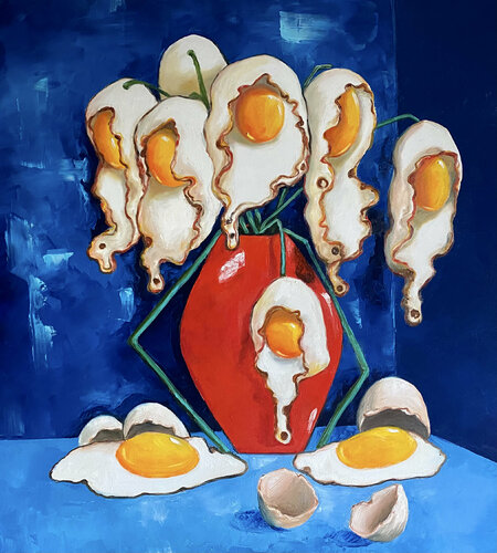 Budding egg flowers in red vase Ta Byrne