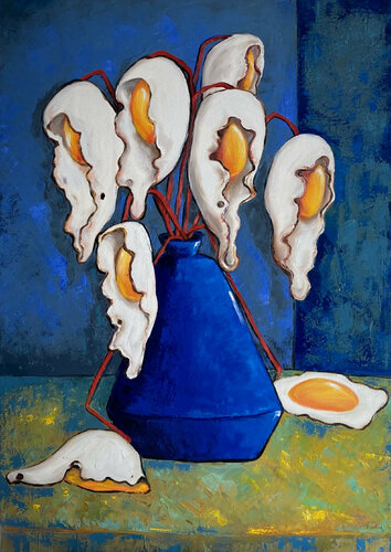 Egg flowers in a blue vase van Ta Byrne, Schilderij te koop op Singulart