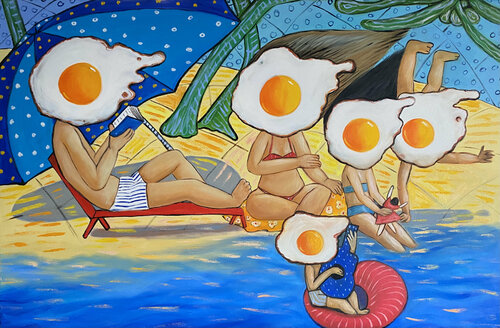Egg family on the beach van Ta Byrne, Schilderij te koop op Singulart