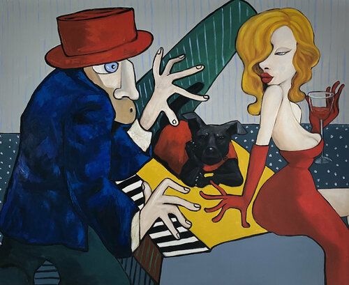 lady in red, her dog and piano man van Ta Byrne, Schilderij te koop op Singulart