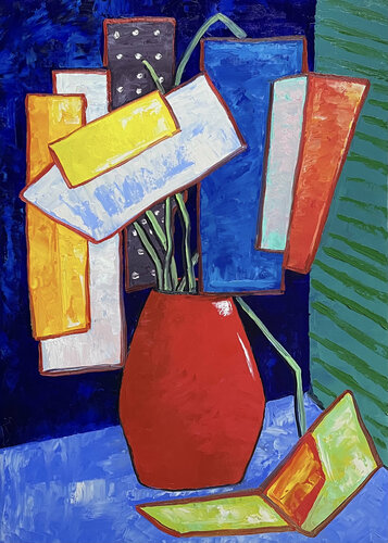 Large egg flowers in red vase van Ta Byrne, Schilderij te koop op Singulart