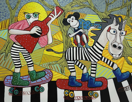 Monkey on a horse with no name van Ta Byrne, Schilderij te koop op Singulart