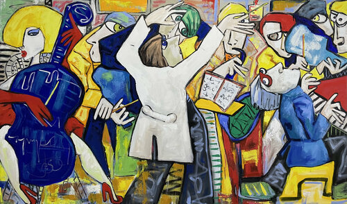 The maestro and Lady in red playing the cello van Ta Byrne, Schilderij te koop op Singulart