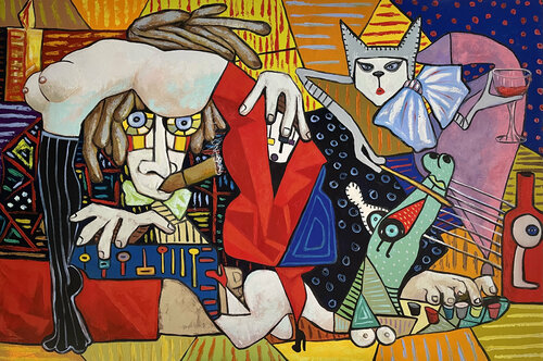 Cat lady and her ensemble van Ta Byrne, Schilderij te koop op Singulart