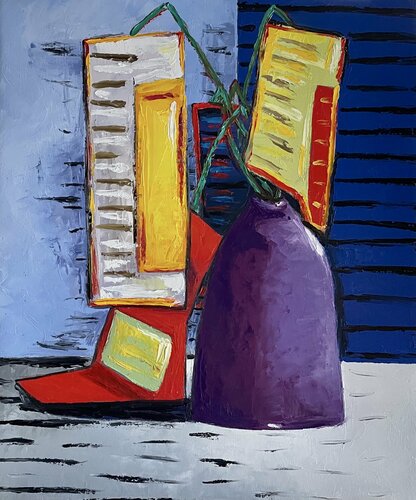 Egg flowers in purple vase van Ta Byrne, Schilderij te koop op Singulart