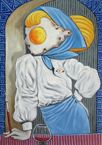 Egg lady enjoying a glass of wine van Ta Byrne, Schilderij te koop op Singulart
