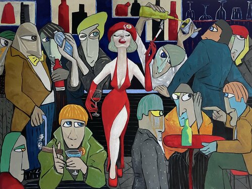 Lady in red holding court van Ta Byrne, Schilderij te koop op Singulart