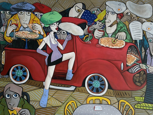 Conspirators eating pizza. van Ta Byrne, Schilderij te koop op Singulart