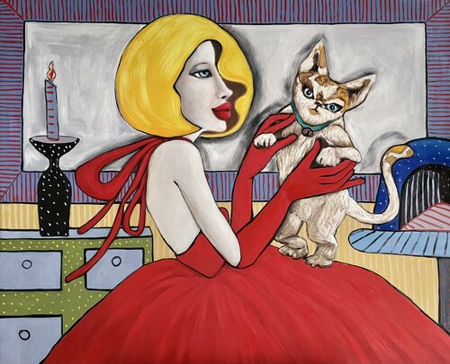 Lady in red with angry cat van Ta Byrne, Schilderij te koop op Singulart