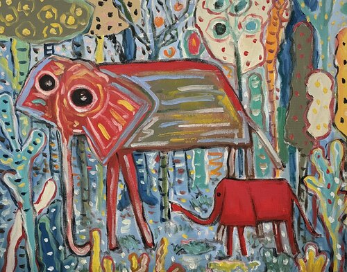 Mom and baby elephants van Ta Byrne, Schilderij te koop op Singulart