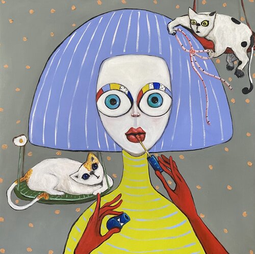Girl with her cats di Ta Byrne, Pittura in vendita su Singulart